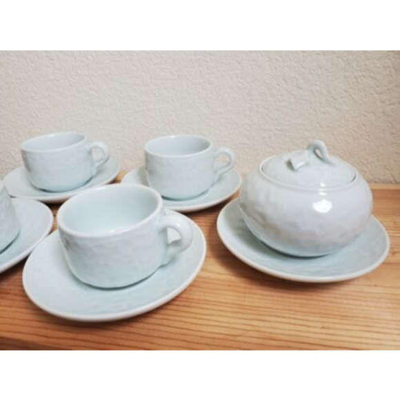 10 Piece Tea Cups Saucers Creamer‎ Set Chinese Pale Green Textured Floral - Picture 1 of 10